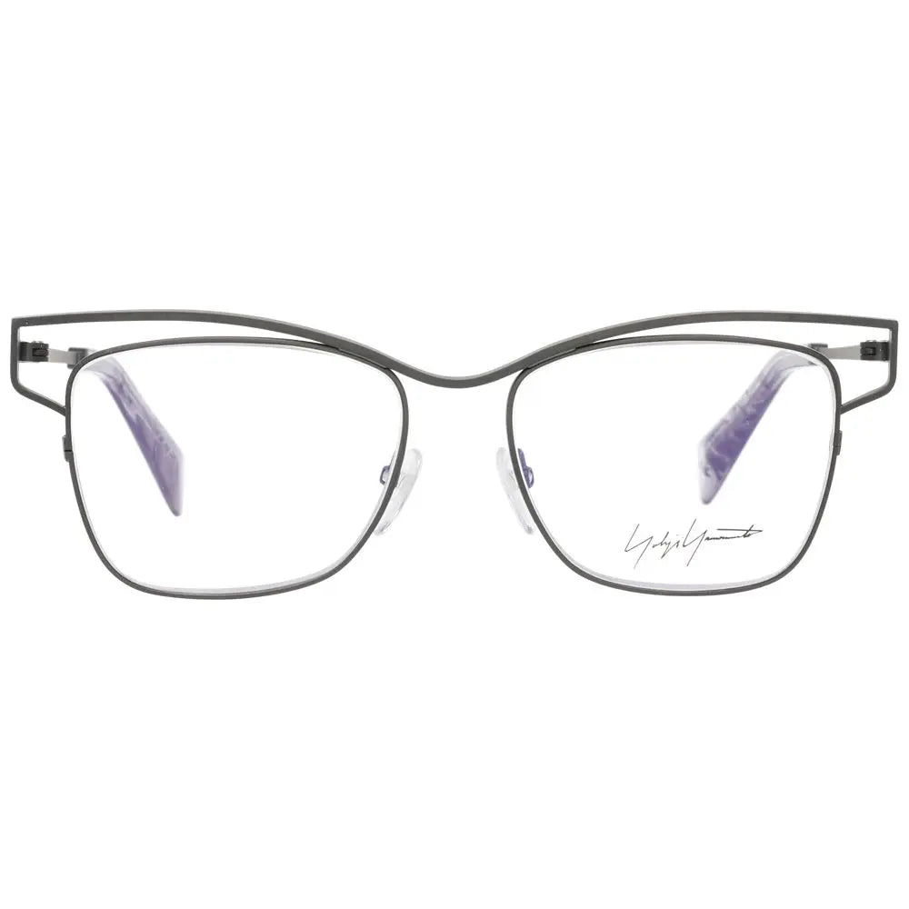 Gray titanium rectangular eyeglass frames with thin arms and clear nose pads.