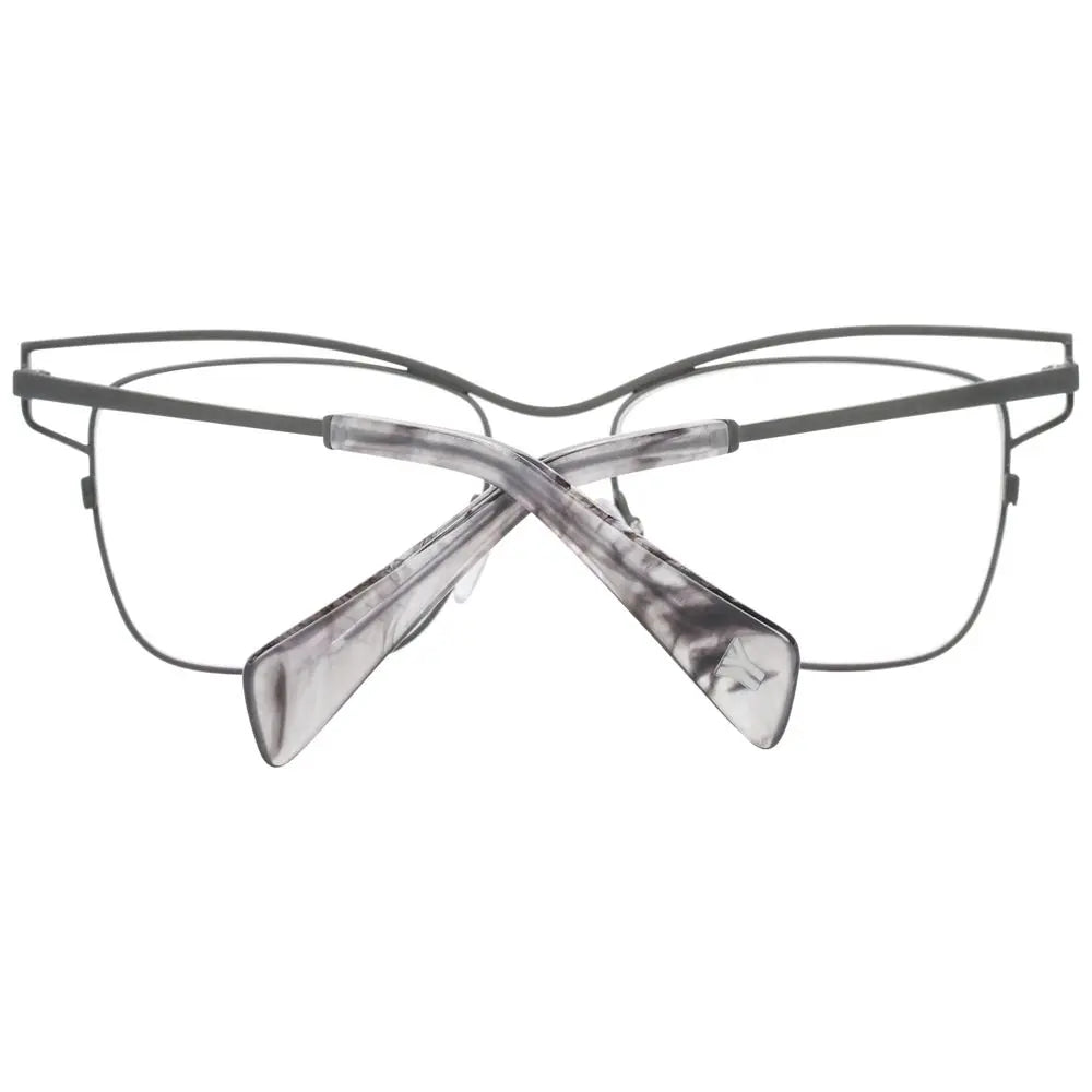 Gray titanium rectangular eyeglass frames with thin arms and clear nose pads.