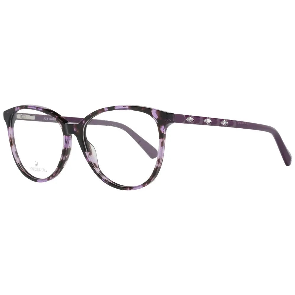Purple and black marbled round eyeglass frames with silver Swarovski details on temples.