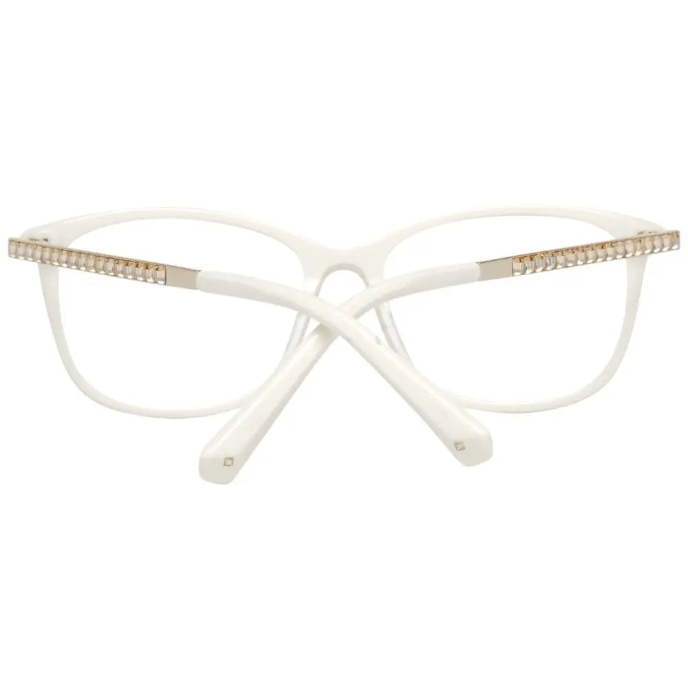 White metal and plastic eyeglass frames with rectangular lenses and Swarovski crystal accents on temples.