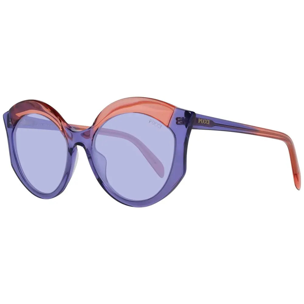 Round purple plastic sunglasses with translucent frames and blue-tinted lenses.