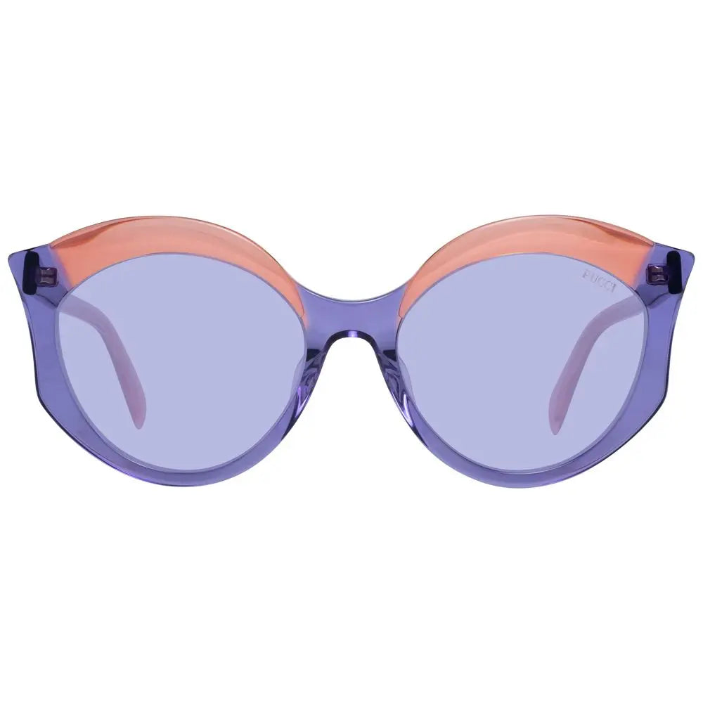 Round purple plastic sunglasses with translucent frames and blue-tinted lenses.