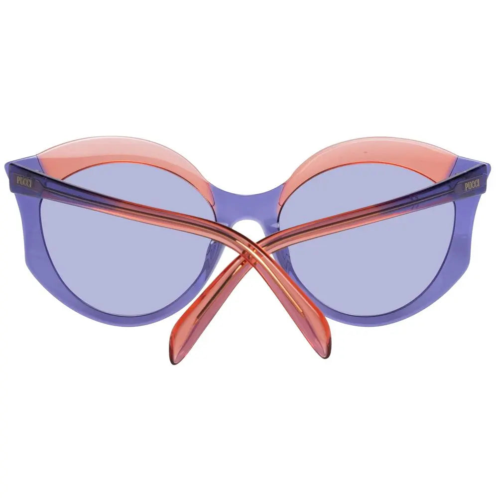 Round purple plastic sunglasses with translucent frames and blue-tinted lenses.