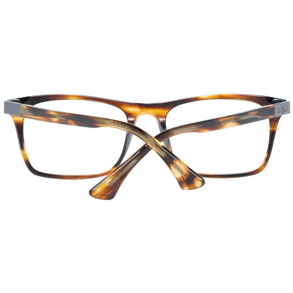 Brown tortoiseshell rectangular plastic glasses frames with subtle silver hinge detail.