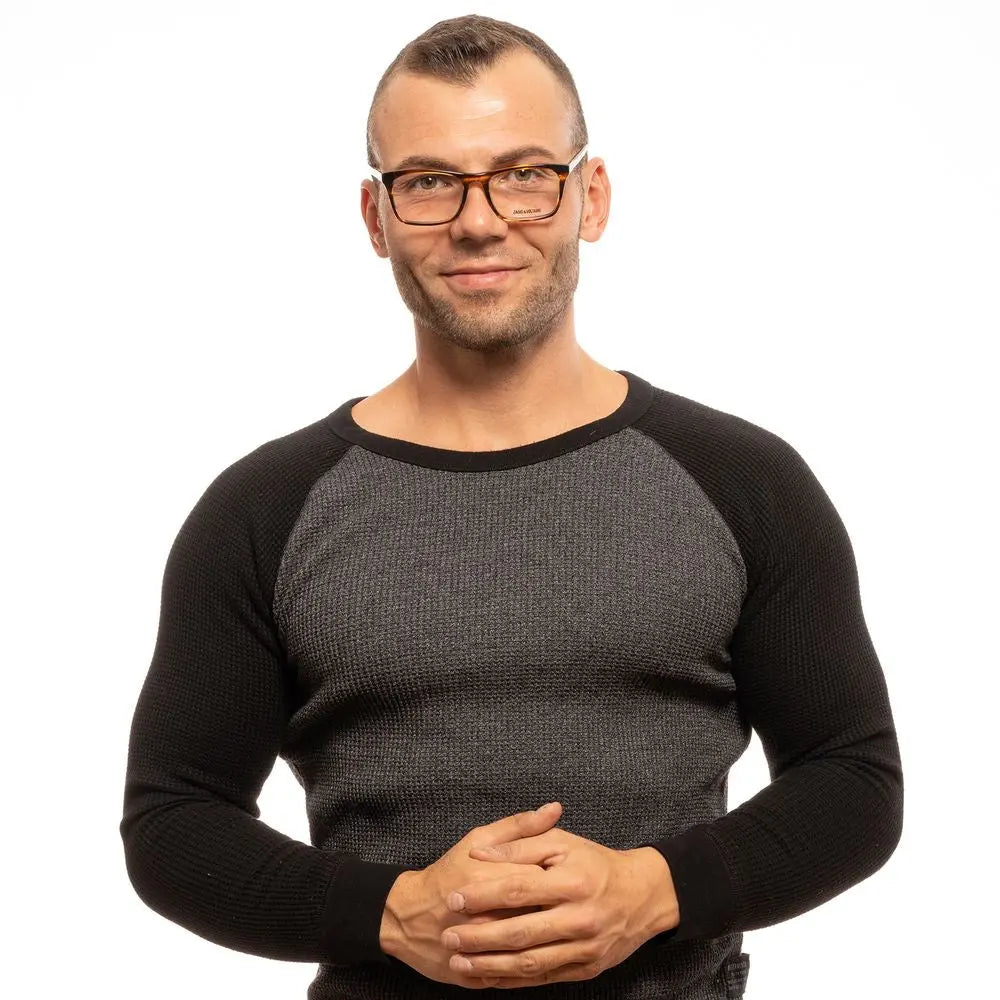 Brown tortoiseshell rectangular plastic glasses frames with subtle silver hinge detail.