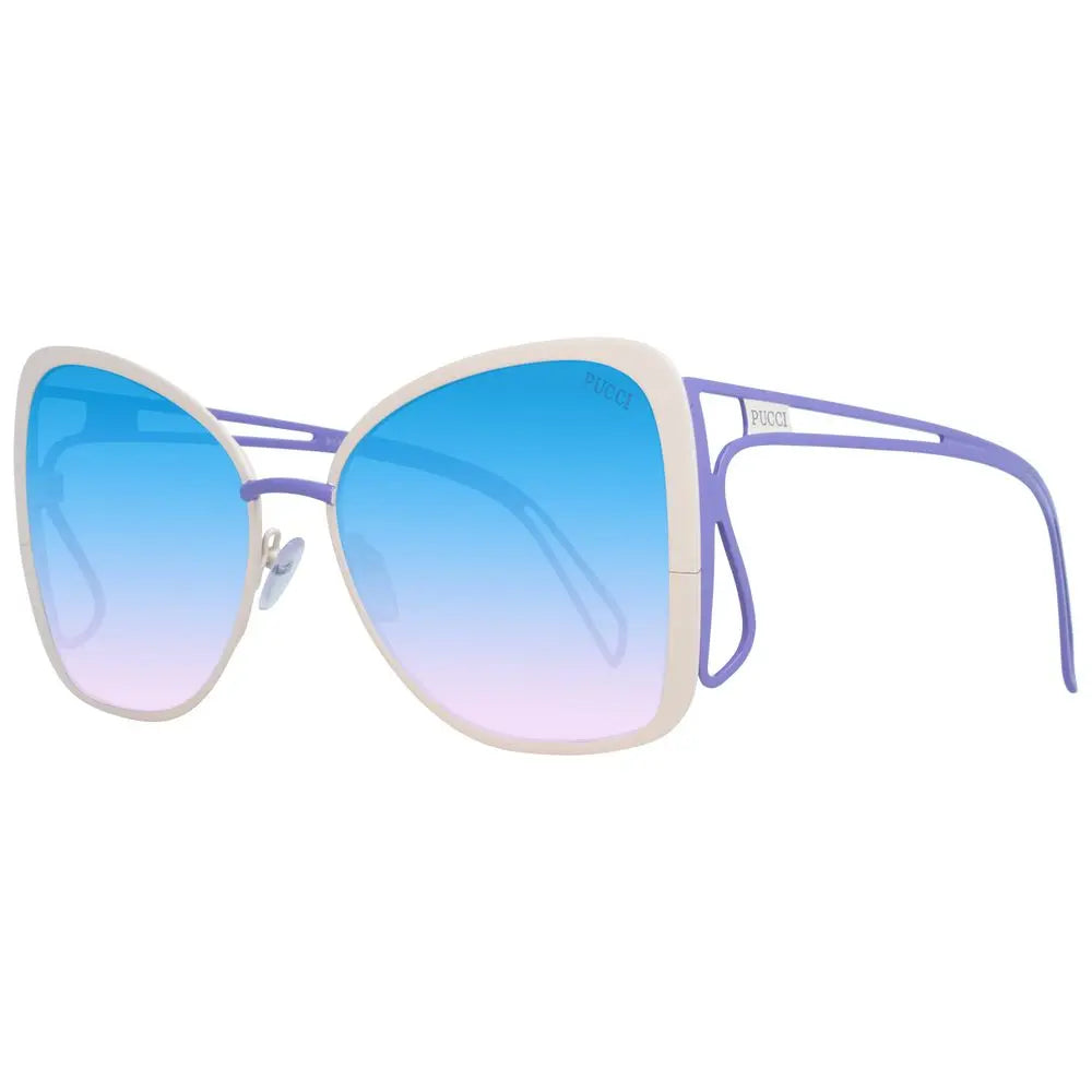 Cream metal frame sunglasses with large square gradient blue-to-pink lenses and thin purple temples.