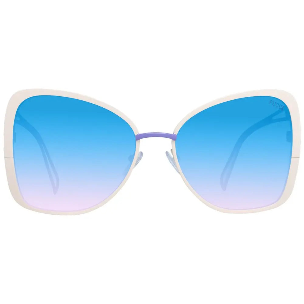 Cream metal frame sunglasses with large square gradient blue-to-pink lenses and thin purple temples.