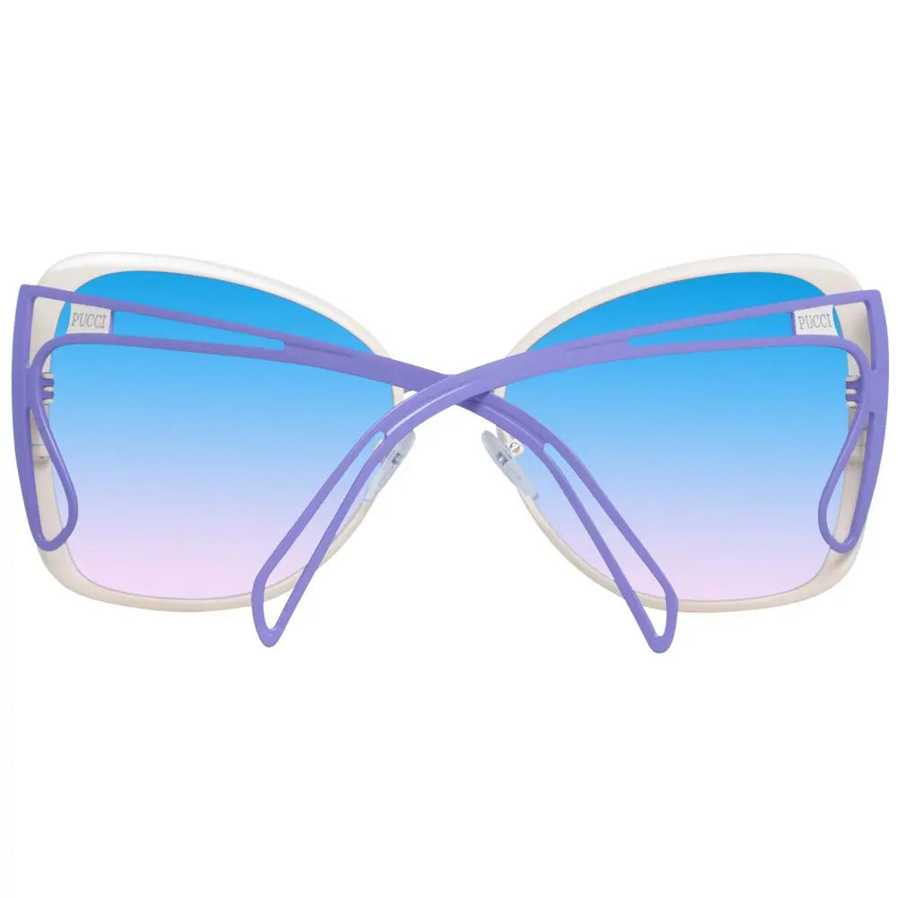 Cream metal frame sunglasses with large square gradient blue-to-pink lenses and thin purple temples.