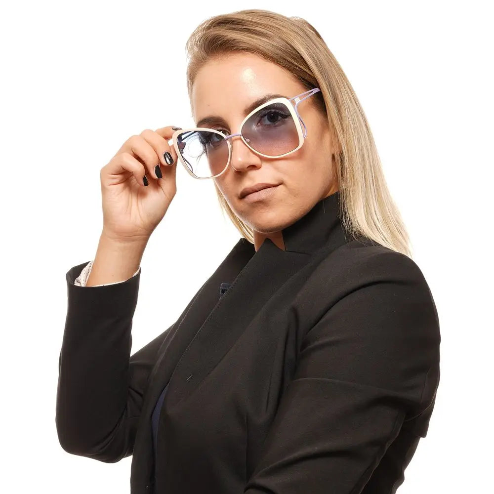 Cream metal frame sunglasses with large square gradient blue-to-pink lenses and thin purple temples.