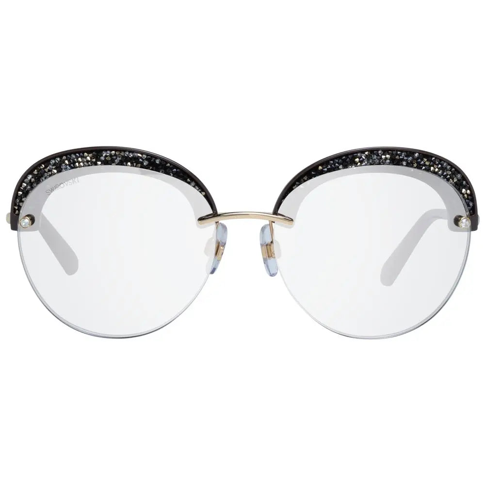 Clear round sunglasses with gold metal frame and black rhinestone-embellished upper rims.