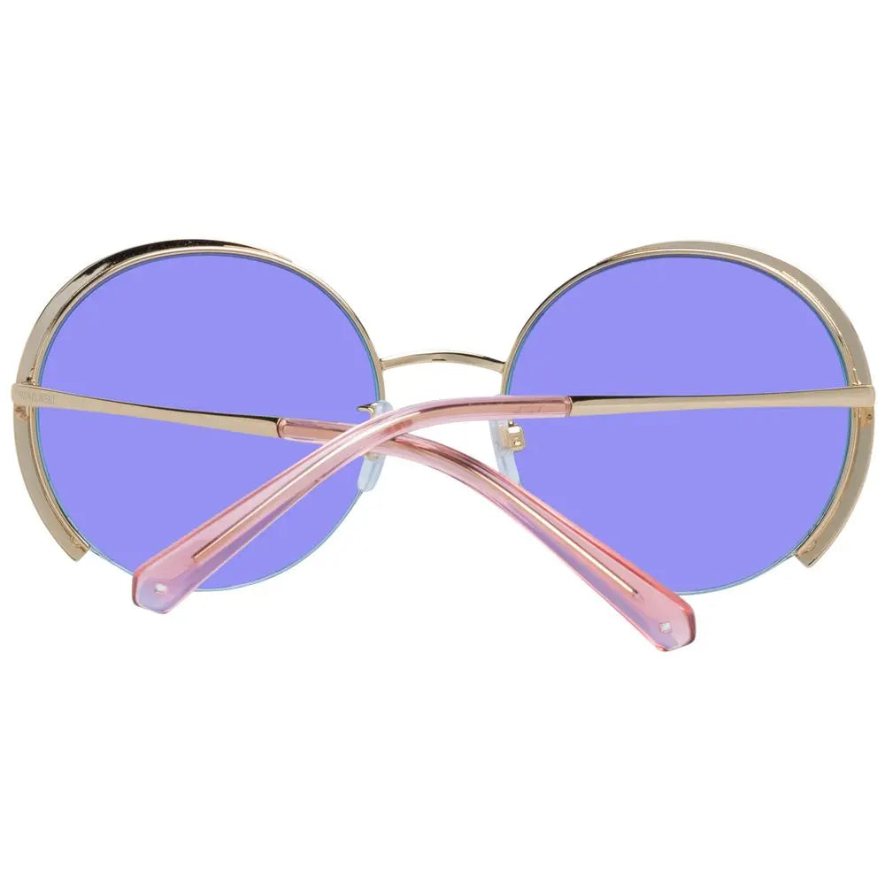 Round gold metal sunglasses with light purple gradient lenses and rhinestone detailing on edges.