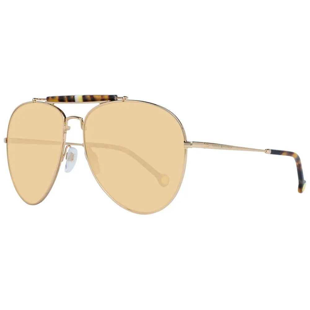 Women’s aviator sunglasses with gold metal frame and brown tinted lenses, tortoiseshell temple tips.