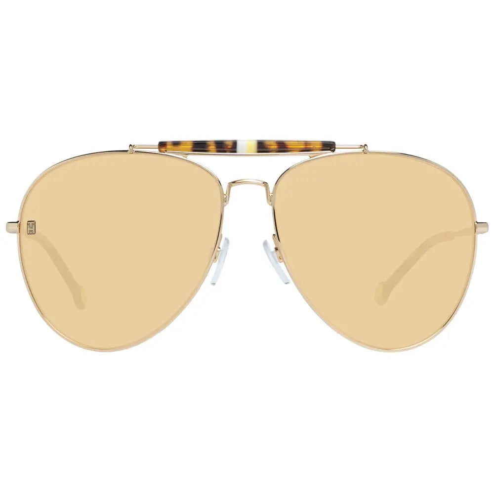 Women’s aviator sunglasses with gold metal frame and brown tinted lenses, tortoiseshell temple tips.
