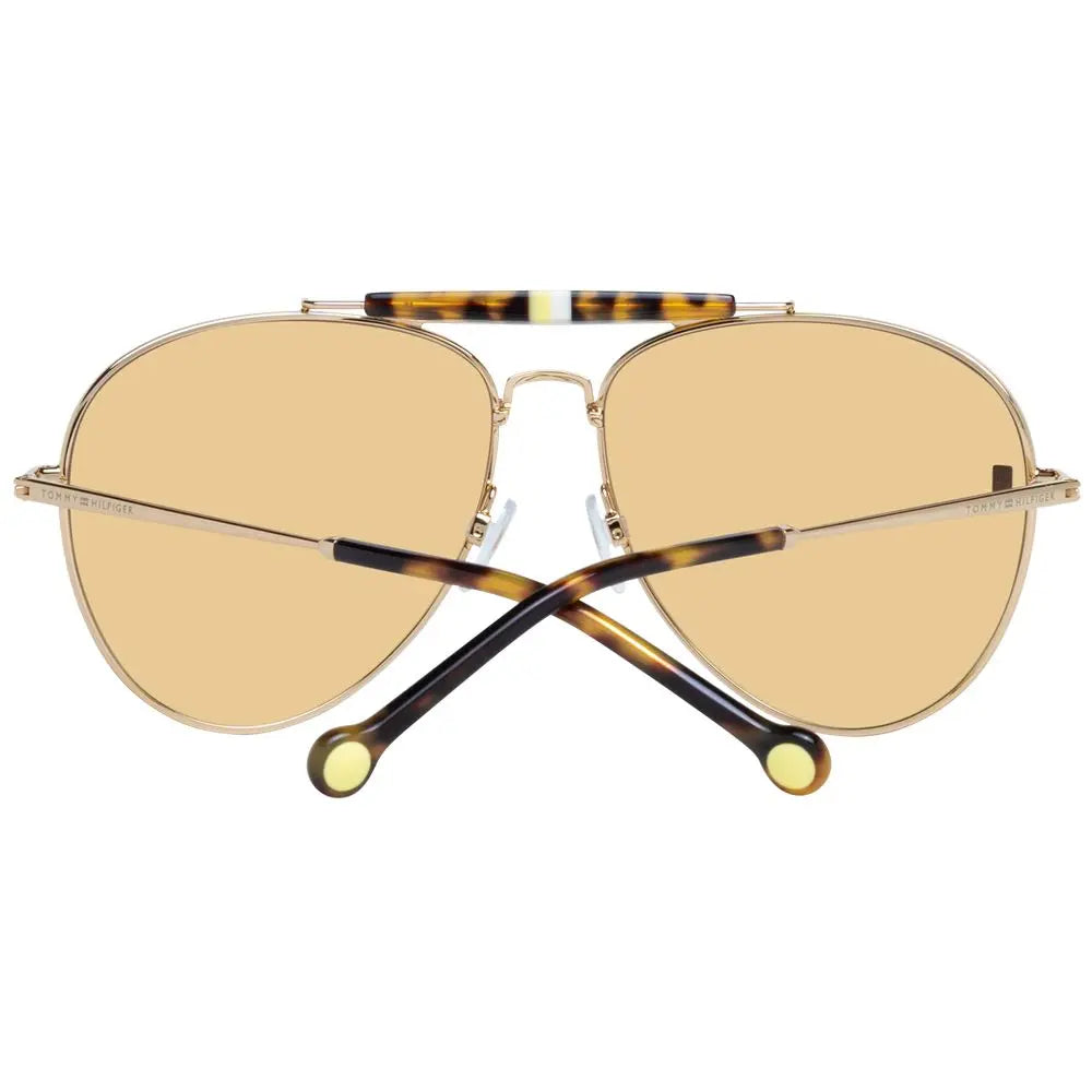 Women’s aviator sunglasses with gold metal frame and brown tinted lenses, tortoiseshell temple tips.