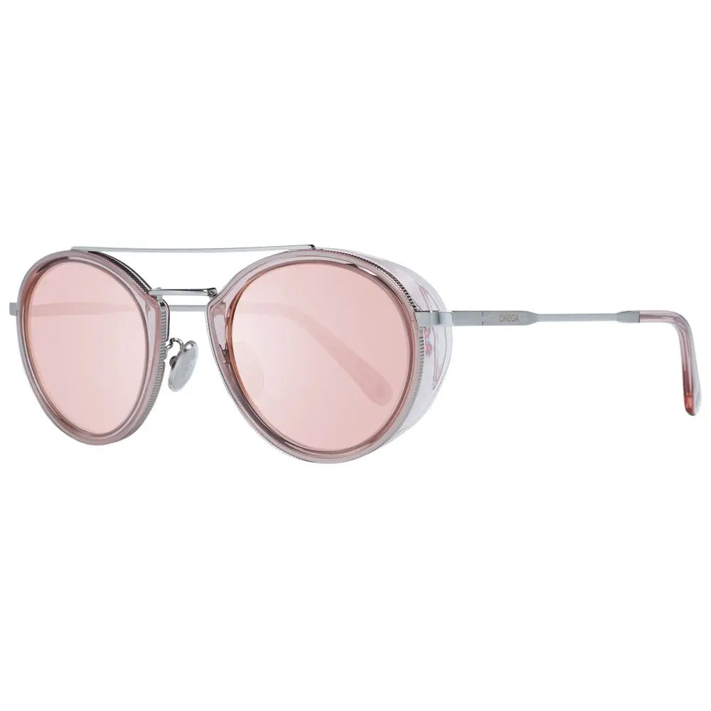 Round pink tinted lenses metal frame sunglasses with double bridge and adjustable nose pads.
