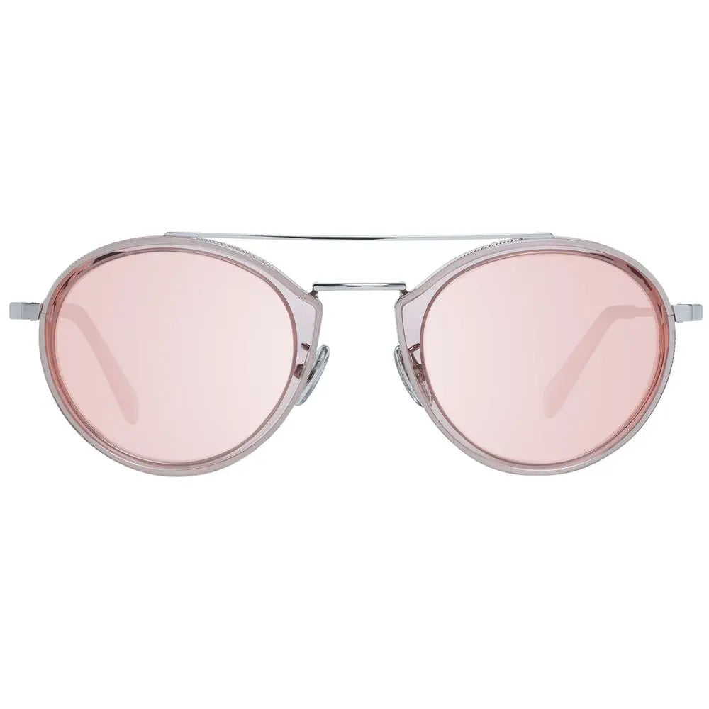 Round pink tinted lenses metal frame sunglasses with double bridge and adjustable nose pads.