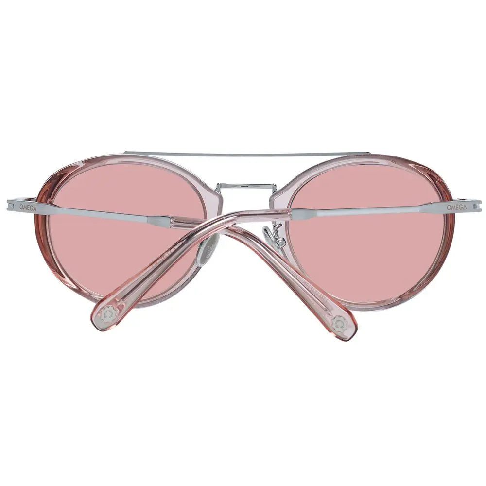 Round pink tinted lenses metal frame sunglasses with double bridge and adjustable nose pads.