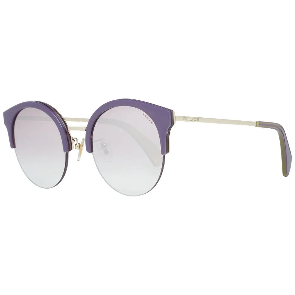 Purple and gold cat-eye sunglasses with round gradient lenses and thin metal temples.