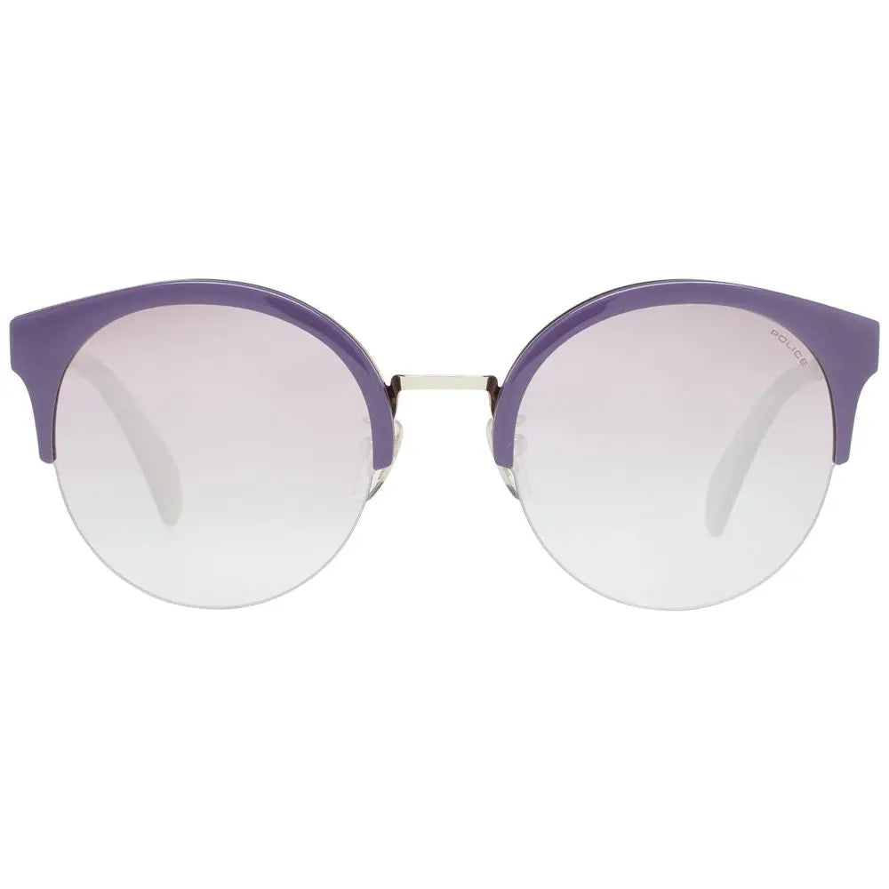 Purple and gold cat-eye sunglasses with round gradient lenses and thin metal temples.