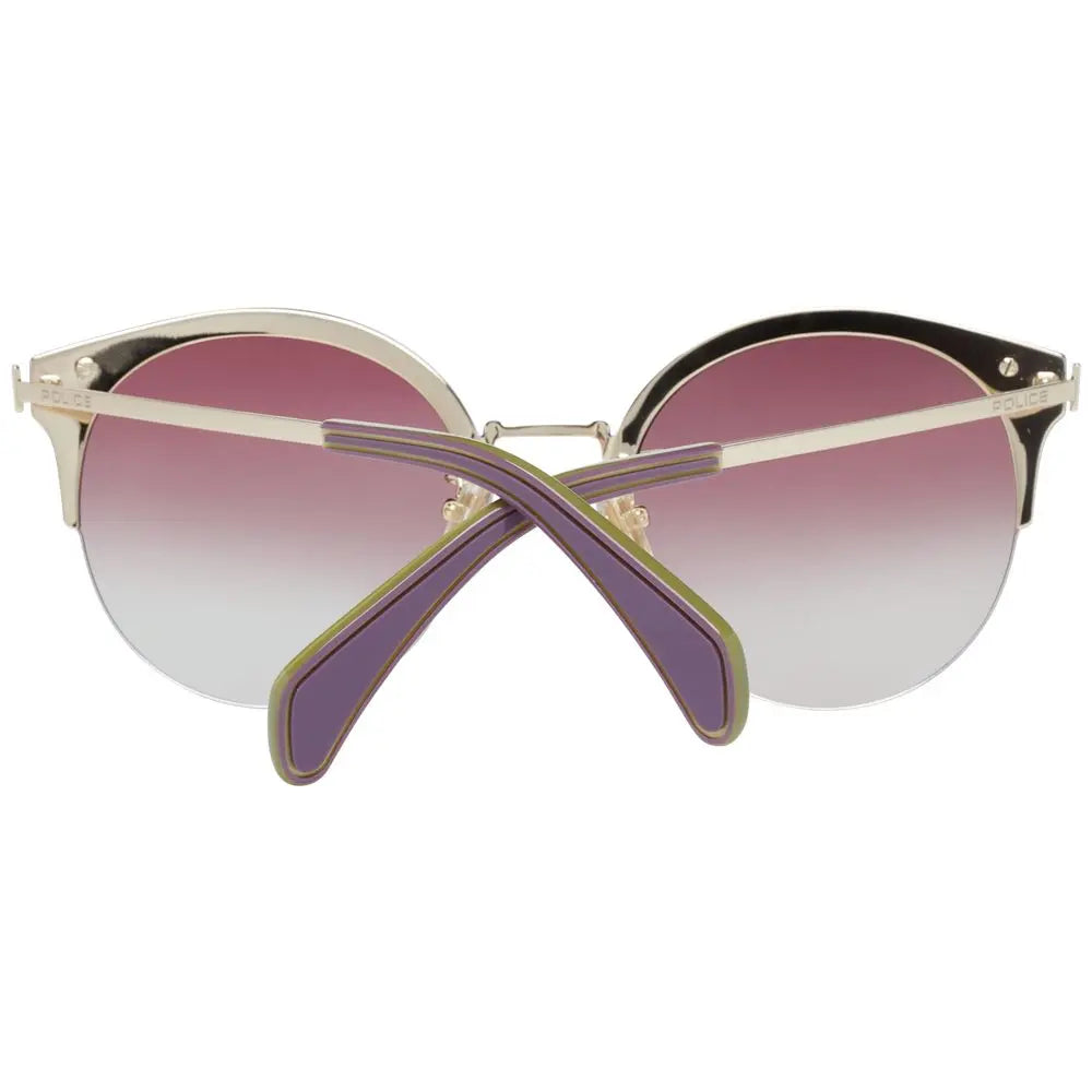 Purple and gold cat-eye sunglasses with round gradient lenses and thin metal temples.