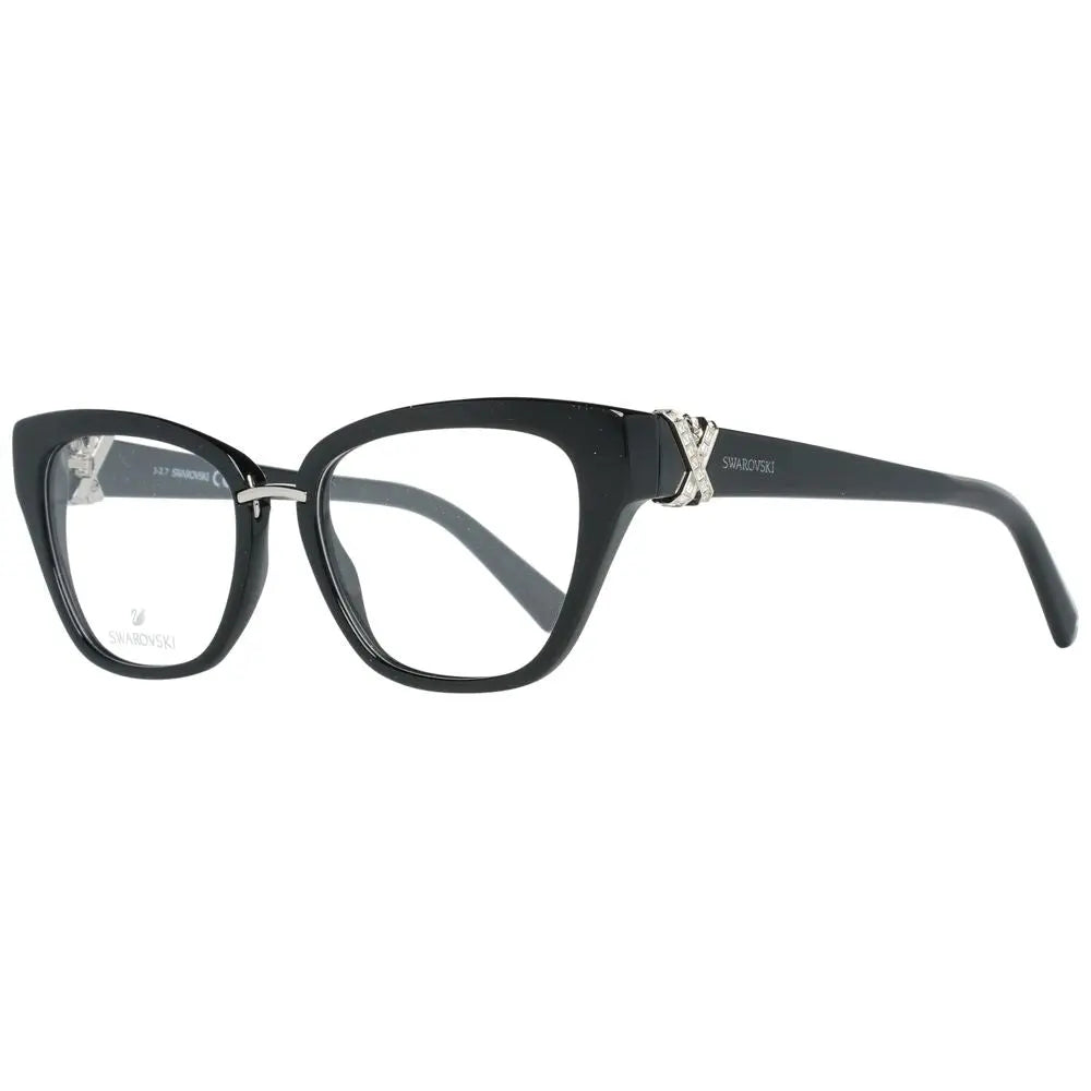 Black cat-eye glasses with glossy plastic front and metal temples featuring Swarovski crystal detail.