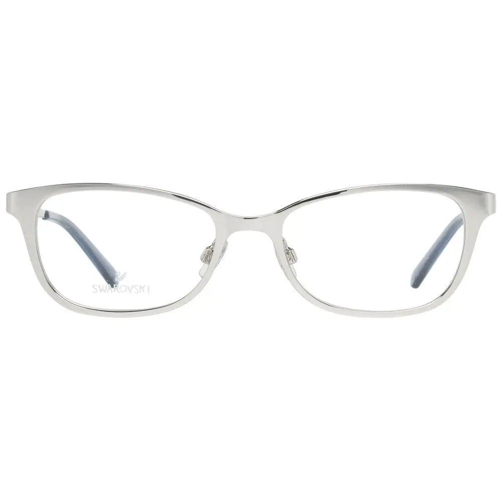 Silver metal rectangular glasses frames with clear lenses and black temple tips.