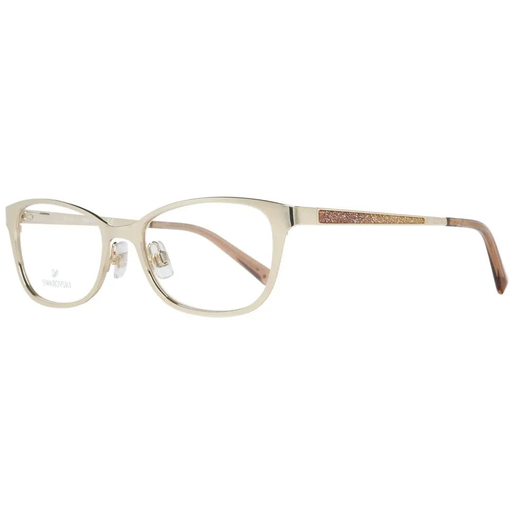 Gold metal rectangular eyeglass frames with clear lenses and brown temple tips.