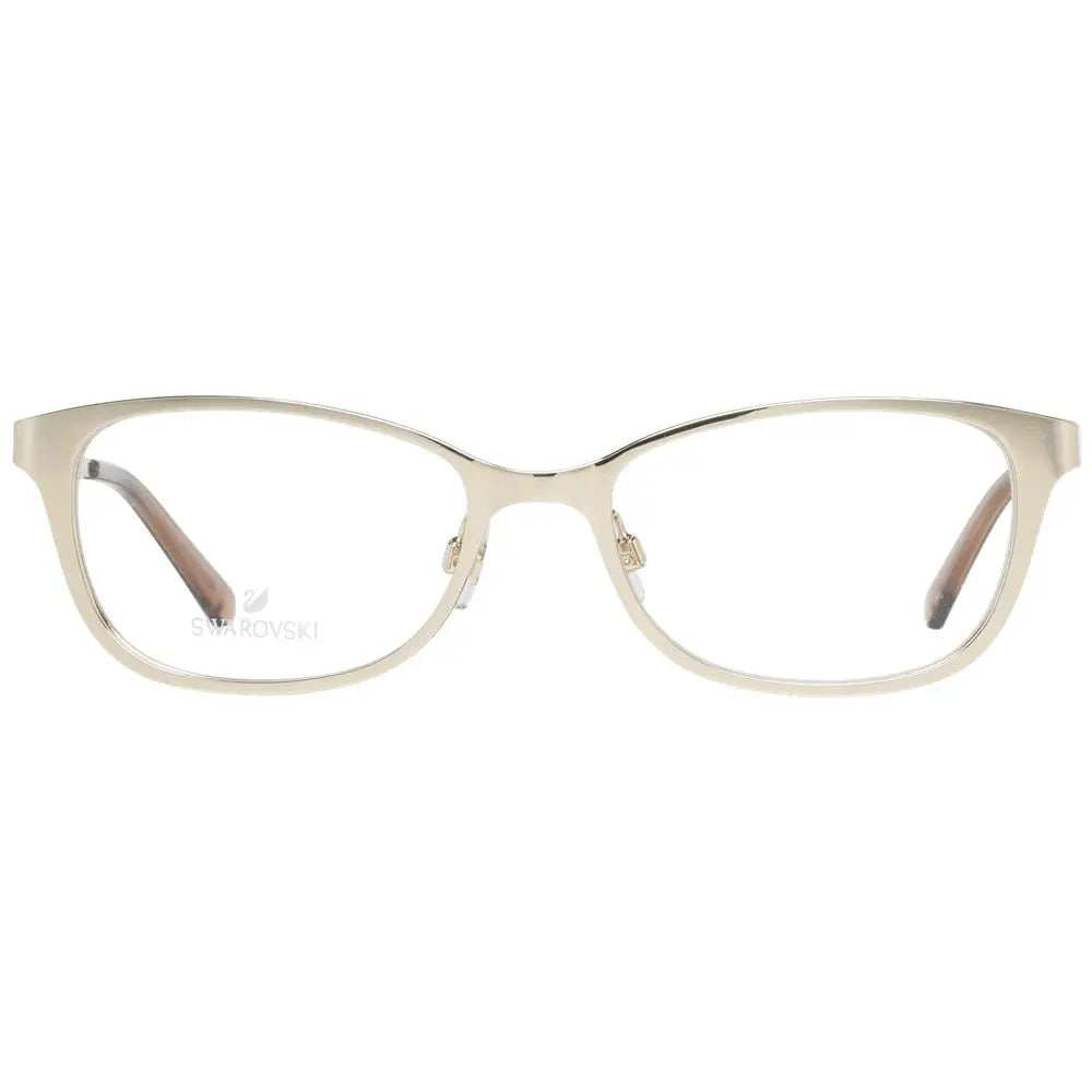 Gold metal rectangular eyeglass frames with clear lenses and brown temple tips.