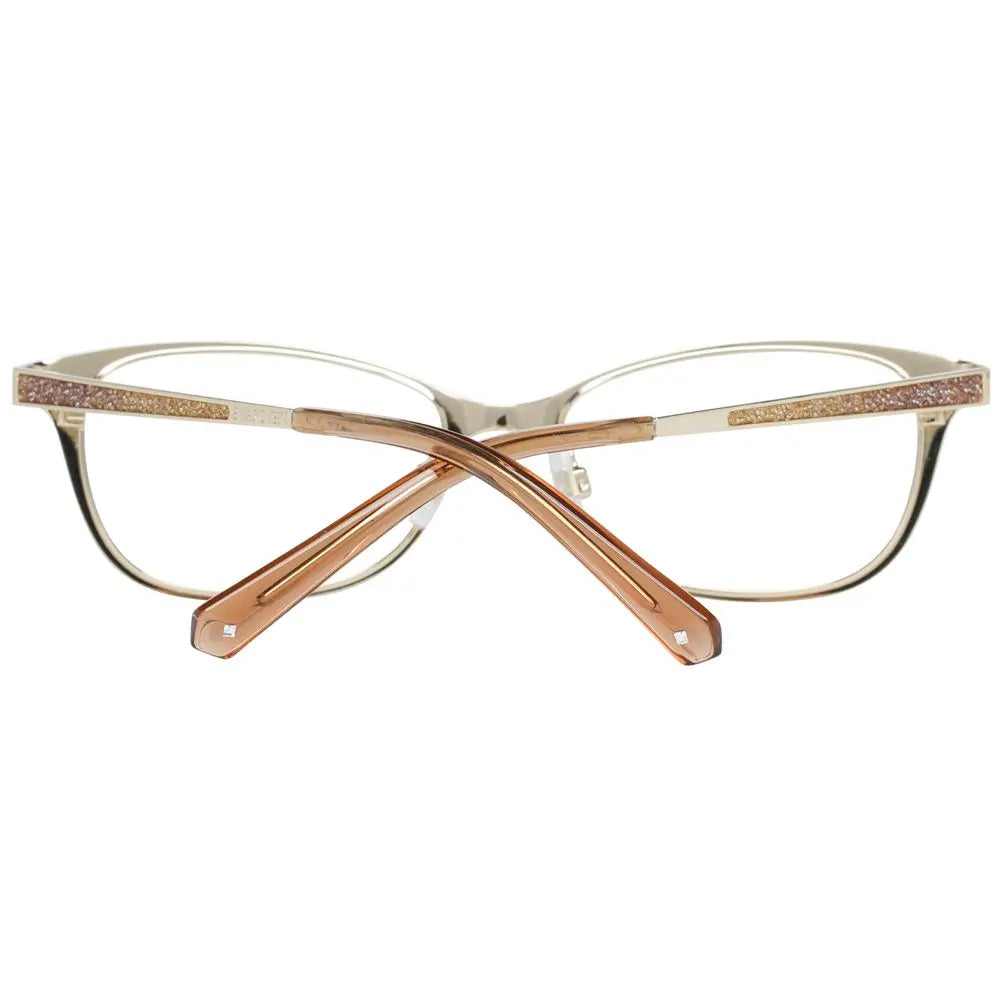 Gold metal rectangular eyeglass frames with clear lenses and brown temple tips.