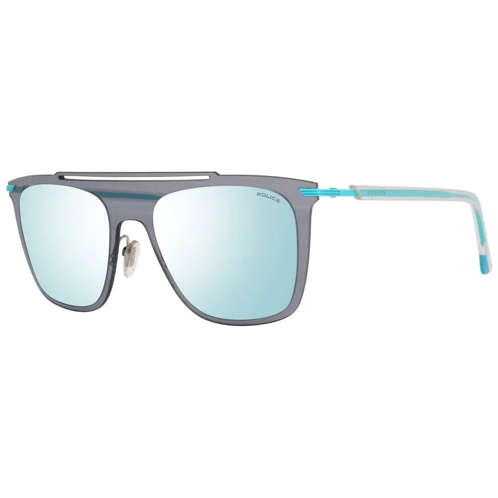 Blue metal and plastic sunglasses with rectangular mirrored lenses and slim temples.