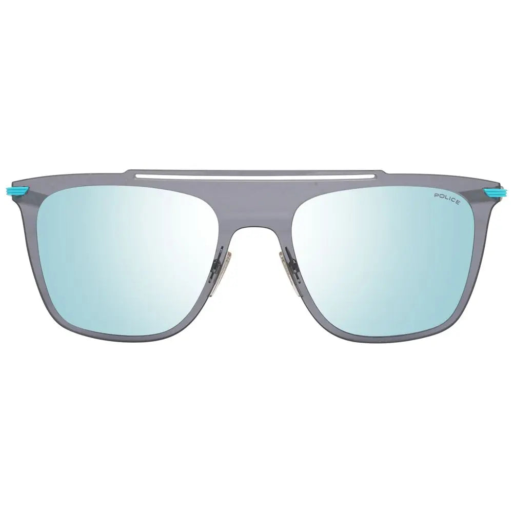 Blue metal and plastic sunglasses with rectangular mirrored lenses and slim temples.