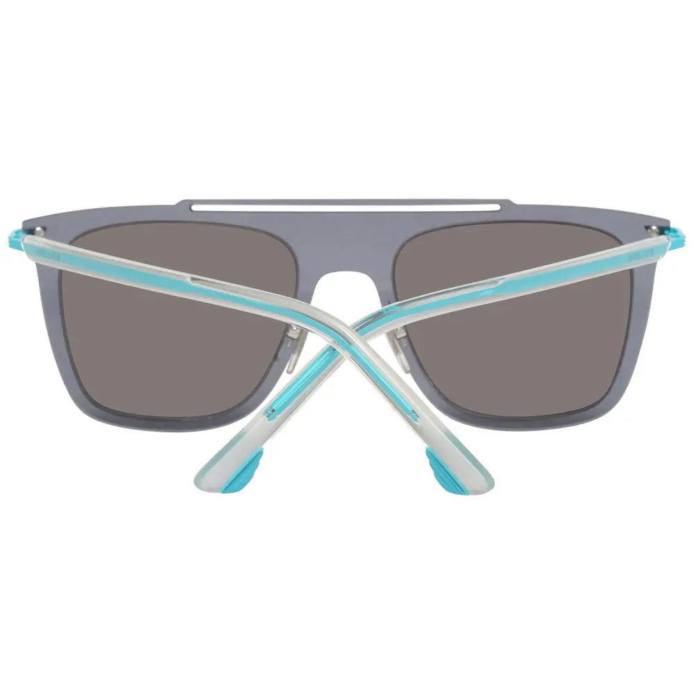 Blue metal and plastic sunglasses with rectangular mirrored lenses and slim temples.
