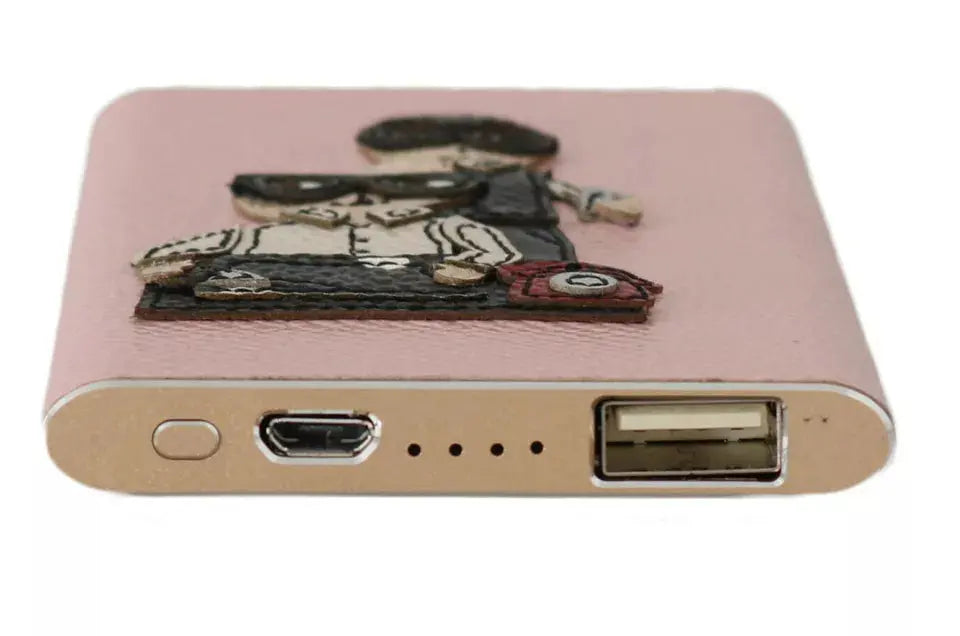 Pink leather power bank with cartoon man and woman wearing glasses holding phone and laptop design.