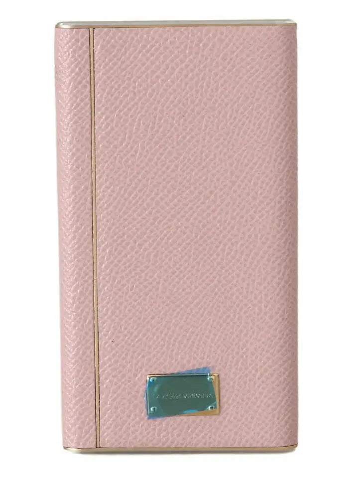 Pink leather power bank with cartoon man and woman wearing glasses holding phone and laptop design.