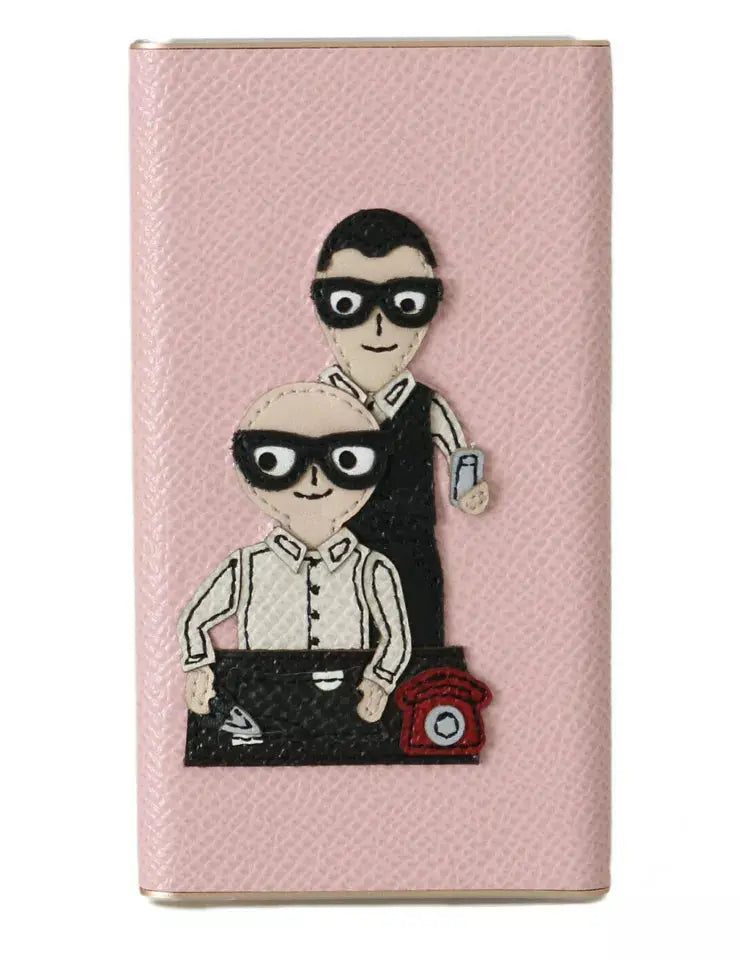 Pink leather power bank with cartoon man and woman wearing glasses holding phone and laptop design.