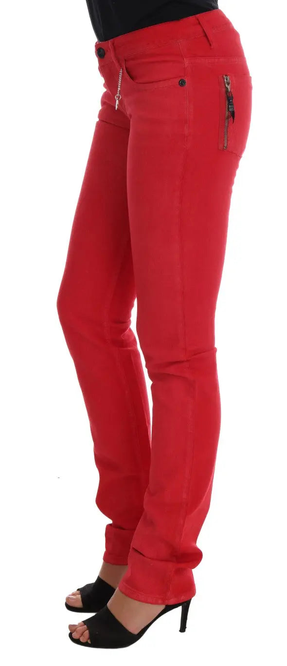 Red slim fit women's jeans in stretch cotton with classic five-pocket design and zip fly closure.