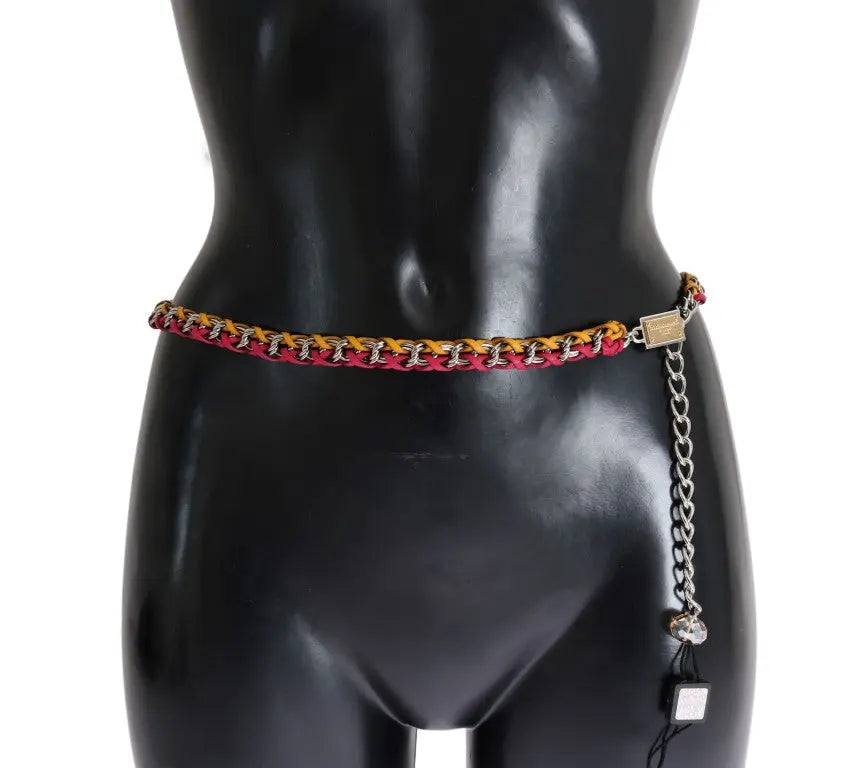 Multicolor red and yellow leather belt with brass chain and crystal accents, thin style.