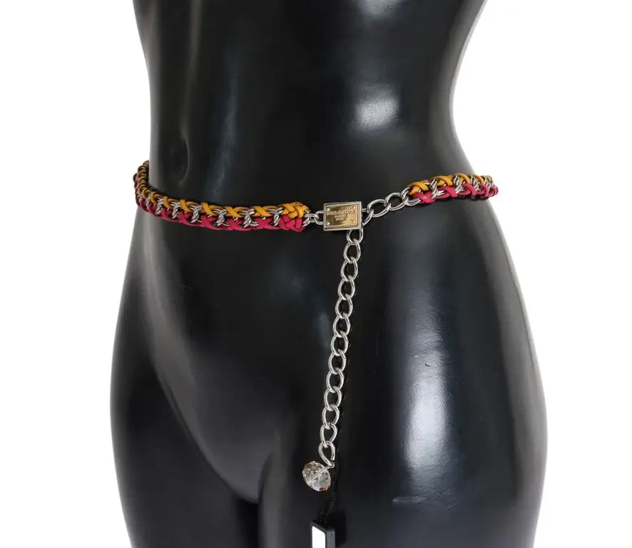 Multicolor red and yellow leather belt with brass chain and crystal accents, thin style.