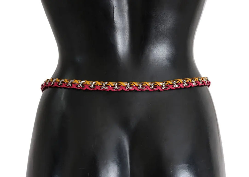 Multicolor red and yellow leather belt with brass chain and crystal accents, thin style.