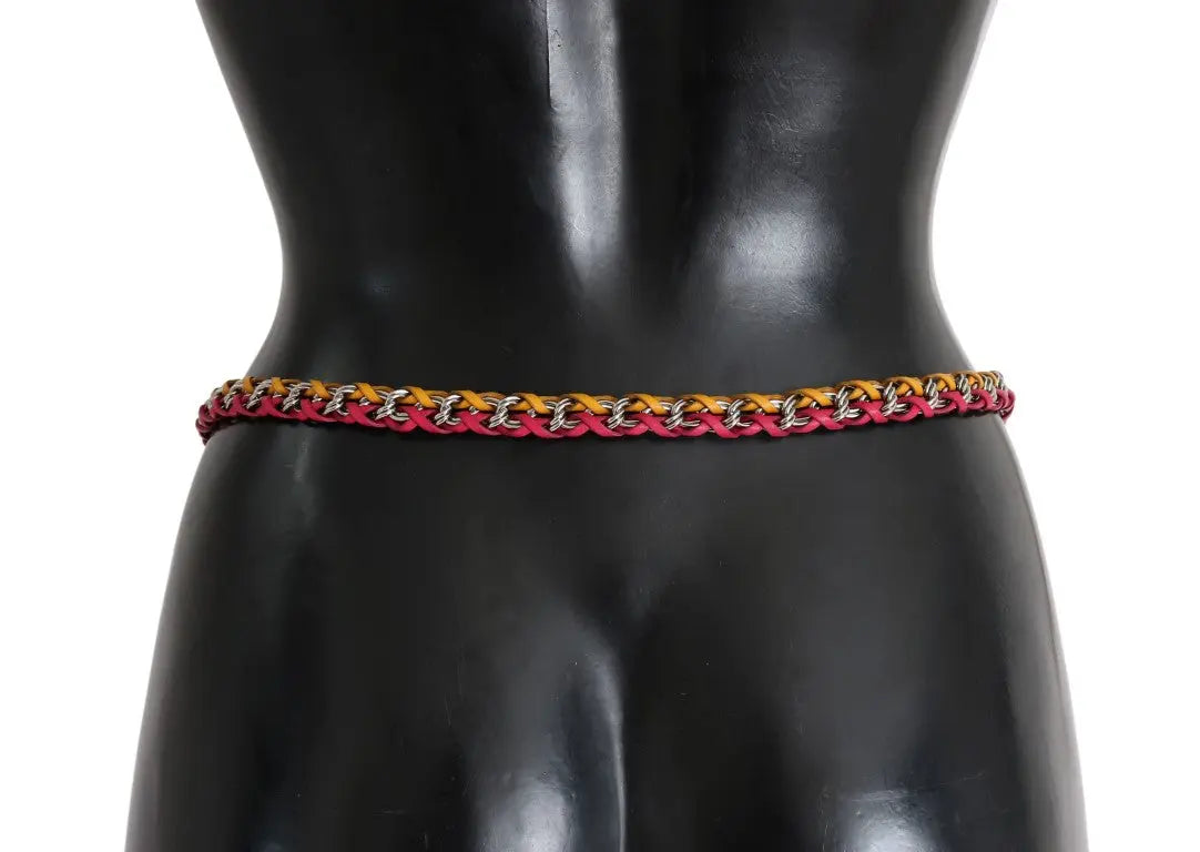 Multicolor red and yellow leather belt with brass chain and crystal accents, thin style.