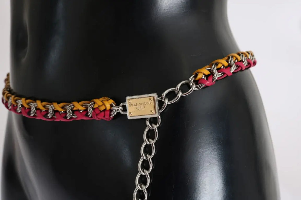 Multicolor red and yellow leather belt with brass chain and crystal accents, thin style.