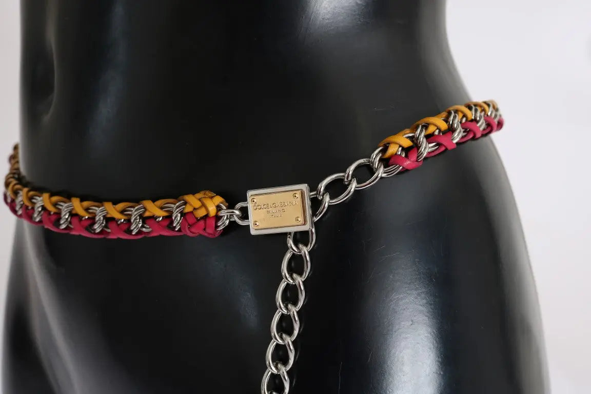 Multicolor red and yellow leather belt with brass chain and crystal accents, thin style.