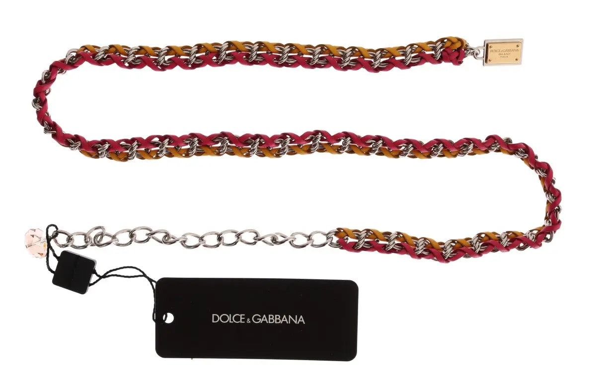 Multicolor red and yellow leather belt with brass chain and crystal accents, thin style.