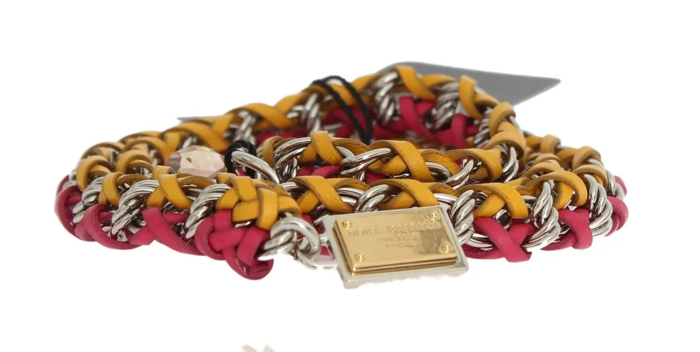 Multicolor red and yellow leather belt with brass chain and crystal accents, thin style.