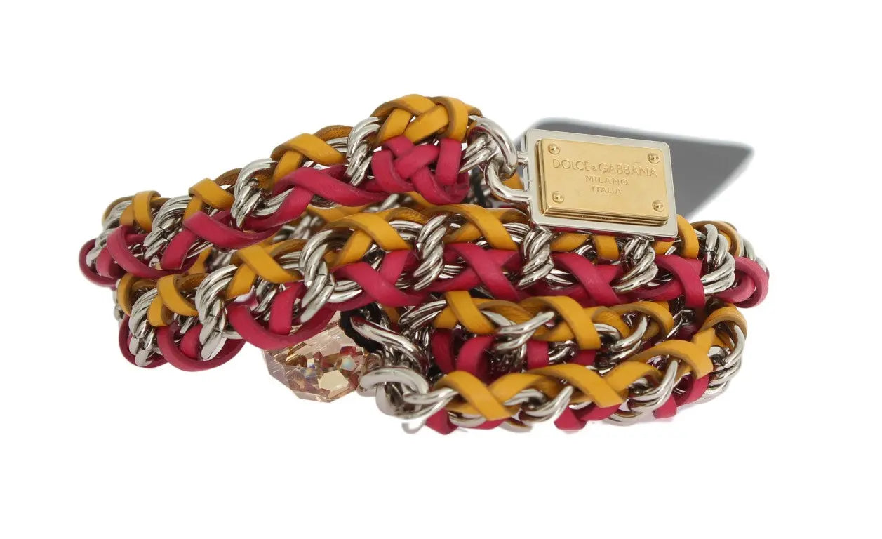Multicolor red and yellow leather belt with brass chain and crystal accents, thin style.