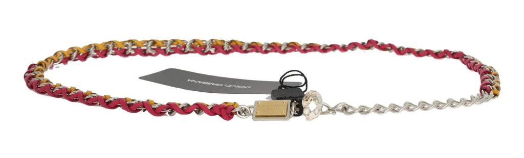 Multicolor red and yellow leather belt with brass chain and crystal accents, thin style.