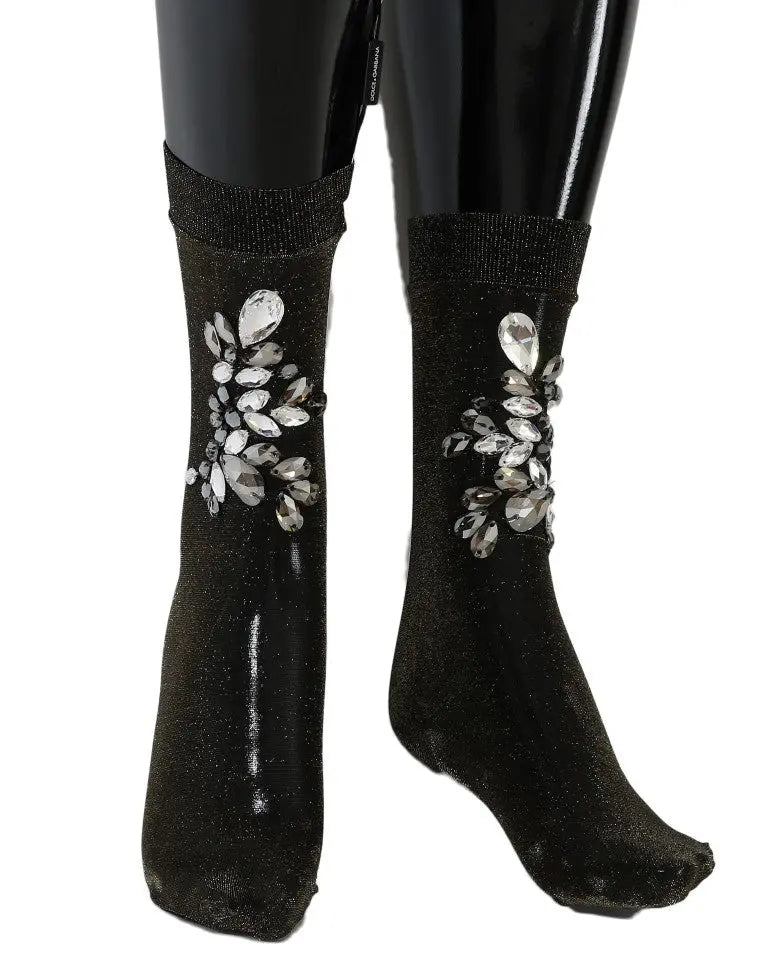 Black sheer floral socks with clear crystal embellishments, ankle-length and ribbed cuffs.