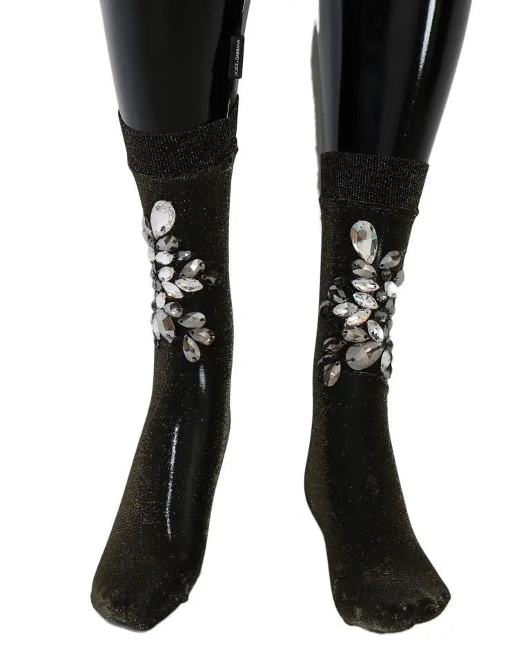 Black sheer floral socks with clear crystal embellishments, ankle-length and ribbed cuffs.