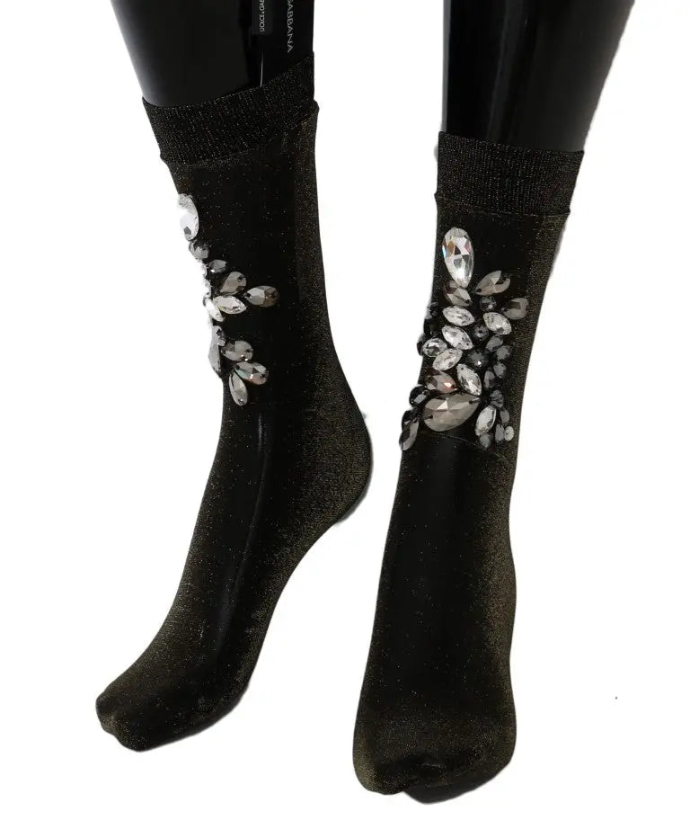 Black sheer floral socks with clear crystal embellishments, ankle-length and ribbed cuffs.