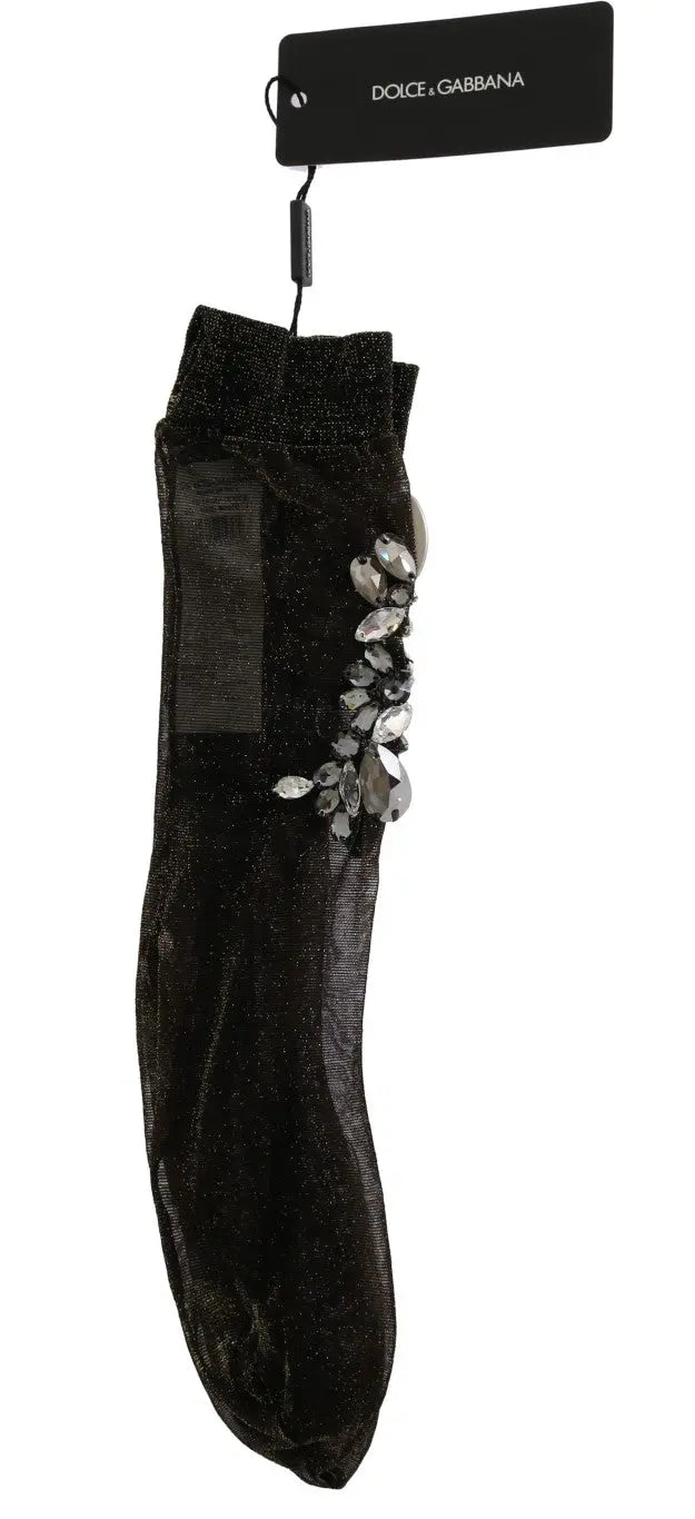 Black sheer floral socks with clear crystal embellishments, ankle-length and ribbed cuffs.